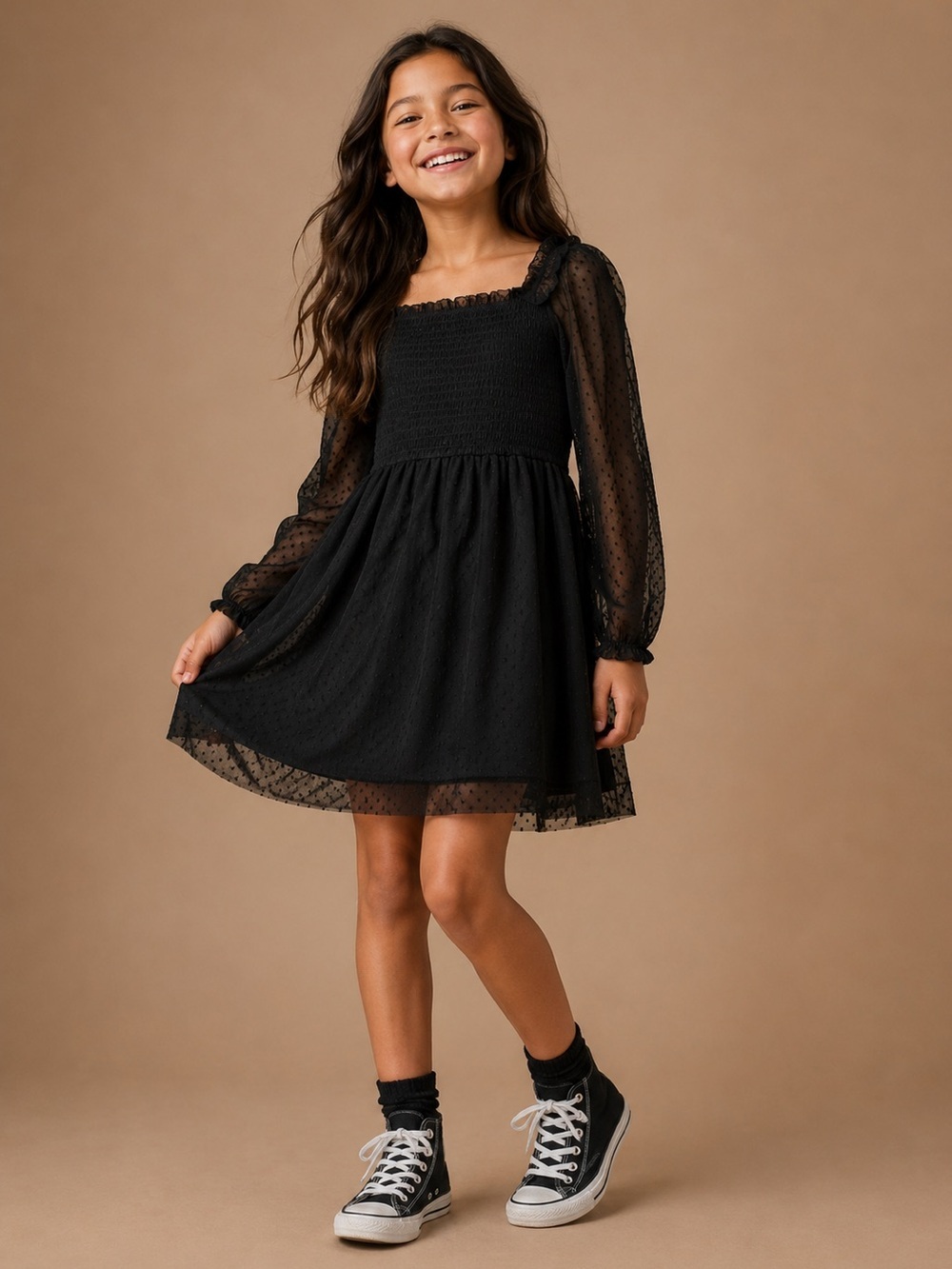 Art Class Girls Black Swiss Dot Smocked Dress Size Large 10/12